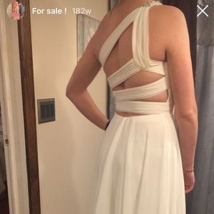 Long white and silver strappy evening gown